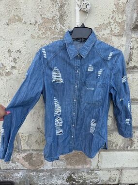 Boohoo distressed denim shirt